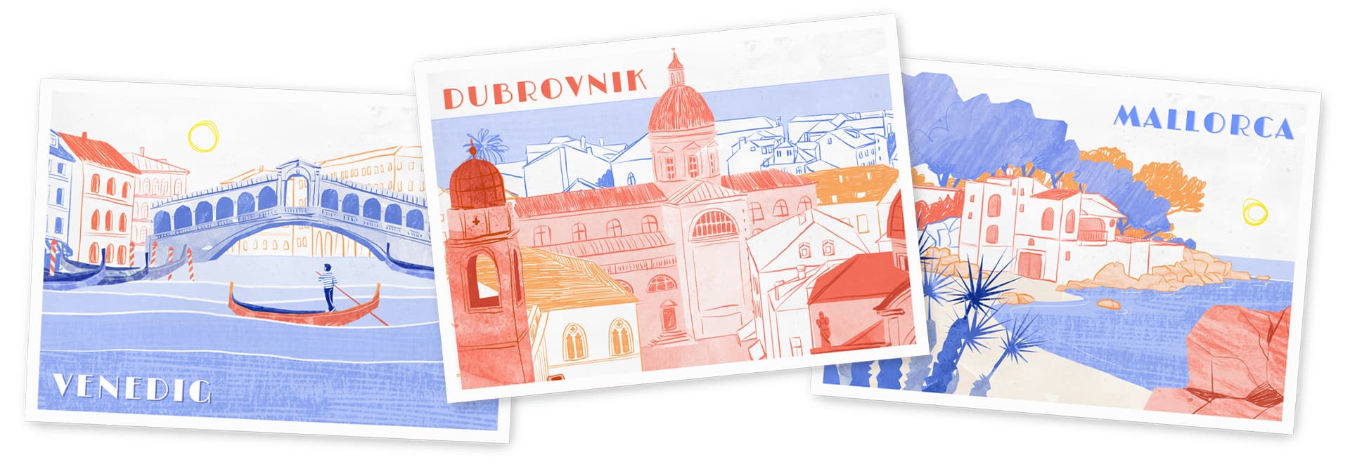 Postkarten mit Illustrationen im Travel-Journal-Stil für den ZDF-aspekte-Beitrag zum Thema Übertourismus