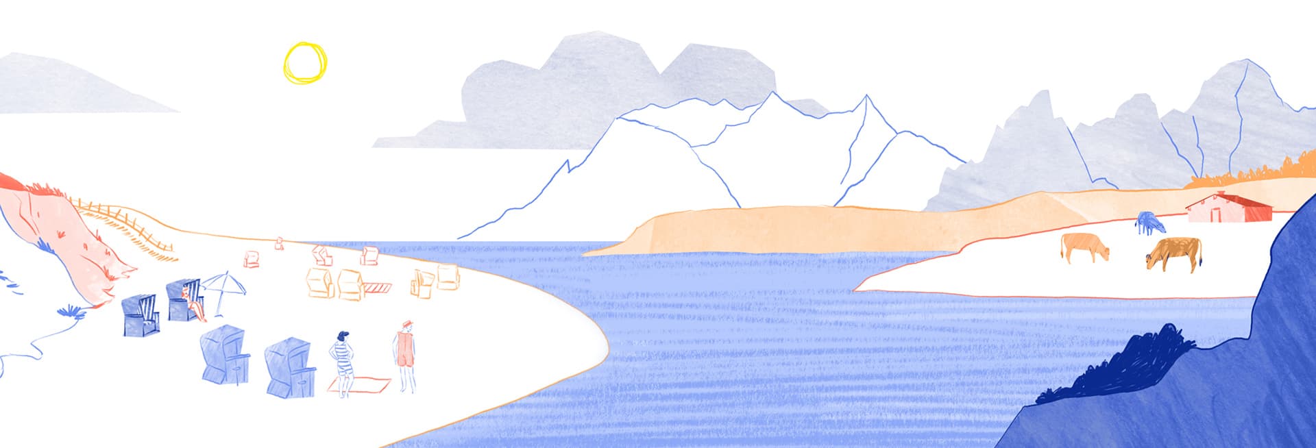 Illustration einer Strand- und Berglandschaft im Travel-Journal-Stil für den ZDF-aspekte-Beitrag zum Thema Übertourismus