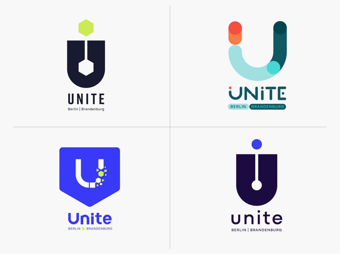 4 Unite Logo-Optionen in Farbe aus dem Logo-Findungsprozess
