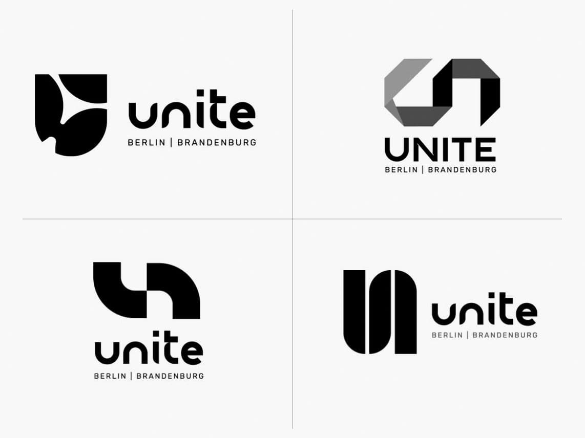 4 Unite-Logo-Optionen in Grautönen aus dem Logo-Findungsprozess