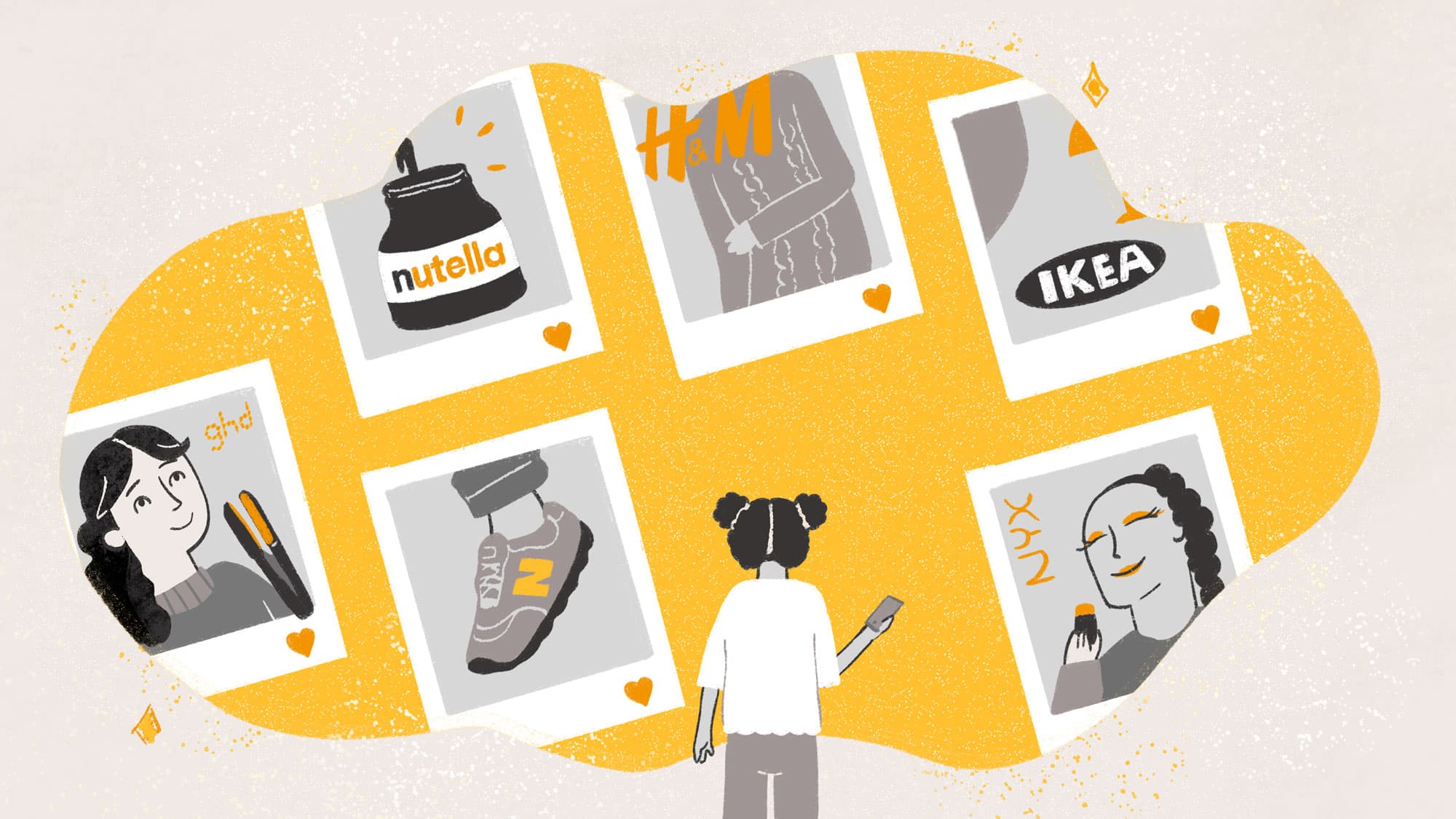 Illustration zum Thema Wünsche mit Social Media Werbung die auf ein kleines Mädchen einwirkt