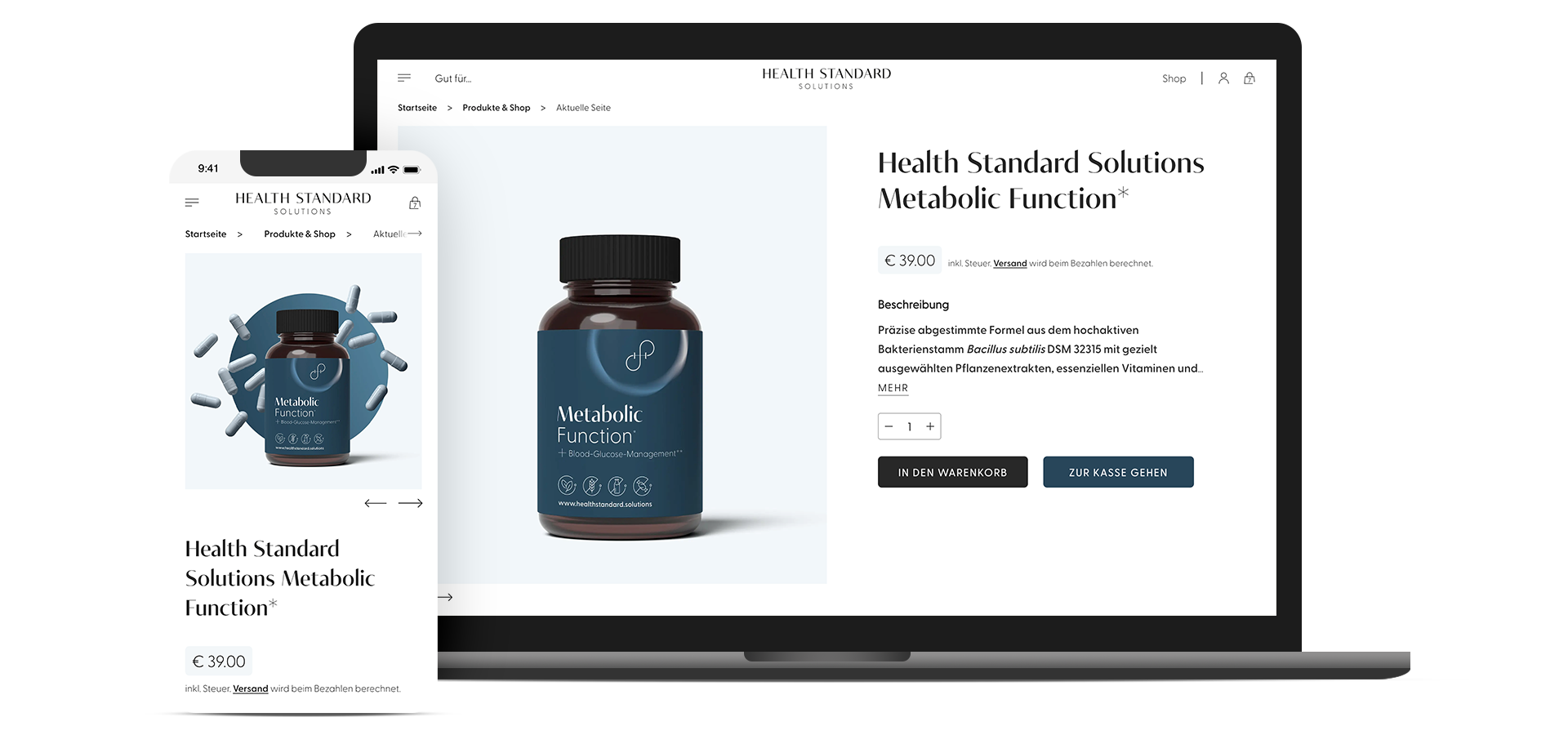 Fotomontage: Laptop und Smartphone-Bildschirm mit Produktansicht im Onlineshop von Health Standard Solutions