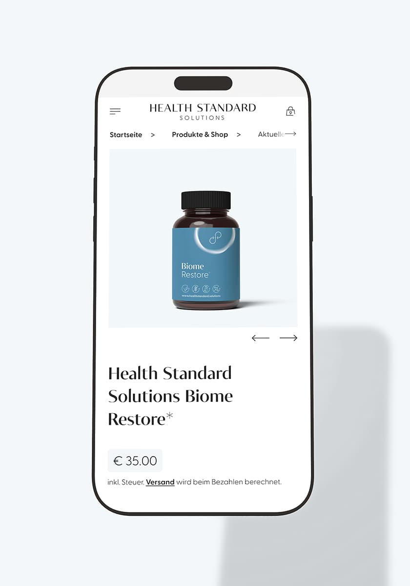 Smartphone-Bildschirm mit Produktanzeige im Onlineshop von Health Standard Solutions