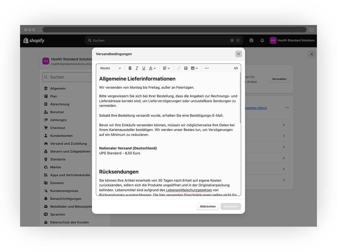 Desktop-Screen mit Versandinformationen im Shopify-Backend von Health Standard Solutions