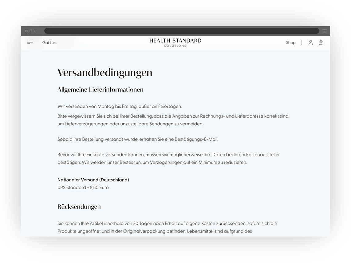 Desktop-Screen mit Versandinformationen auf der Website von Health Standard Solutions
