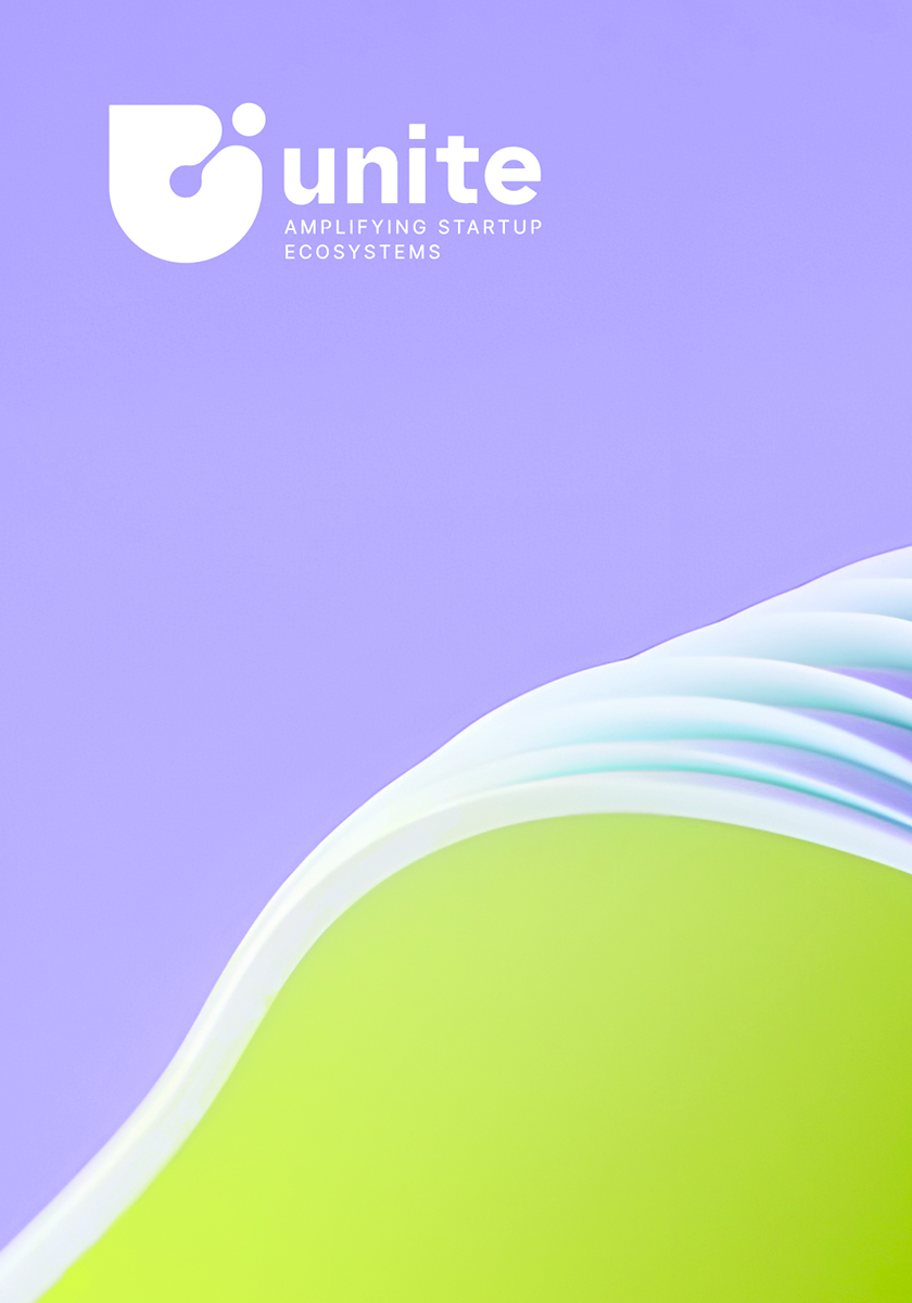 Porträtsliderbild mit weißem Unite-Logo auf lila Hintergrund und neongrünem Lamellenausschnitt