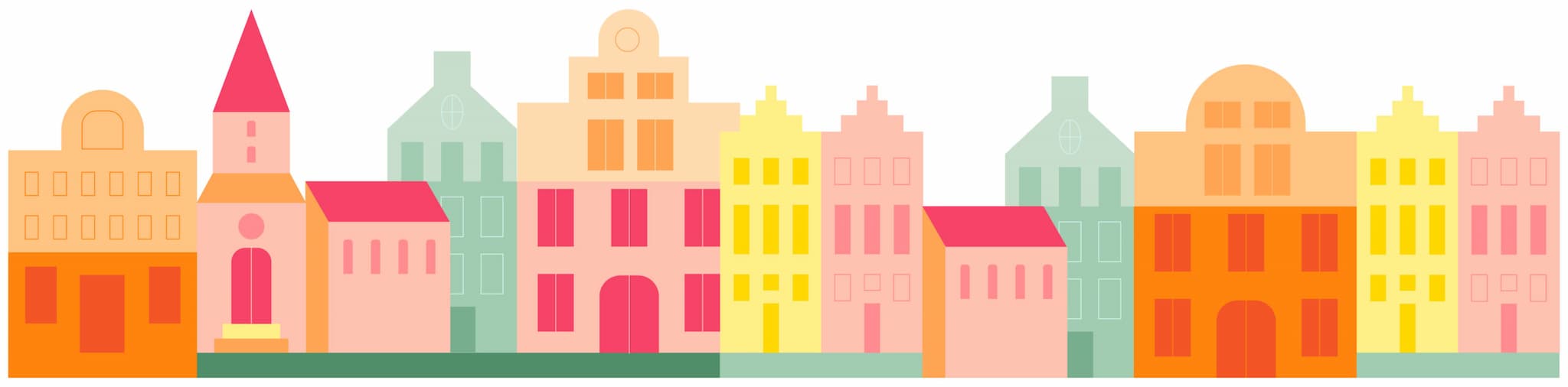 Vektorillustration eines Flächendenkmals mit vielen verschiedenen Gebäuden, für die ZDF-aspekte-Sendung über Denkmalschutz