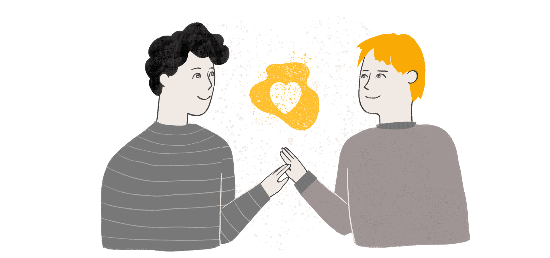 Illustration zweier Personen vor einem weißen Herz, sich zaghaft per Hand berührend