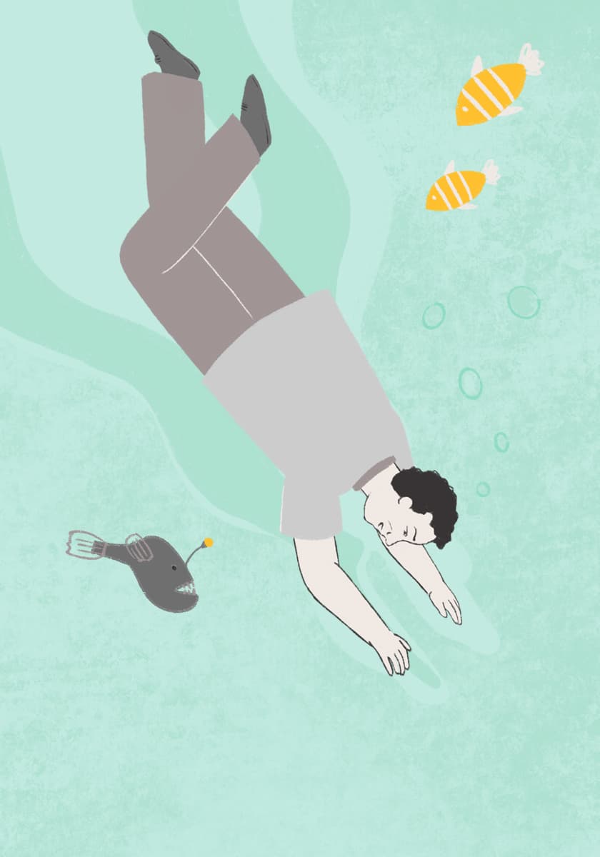 Illustration zum ‚Haus der Sonne‘, Hauptfigur, die im Ozean taucht