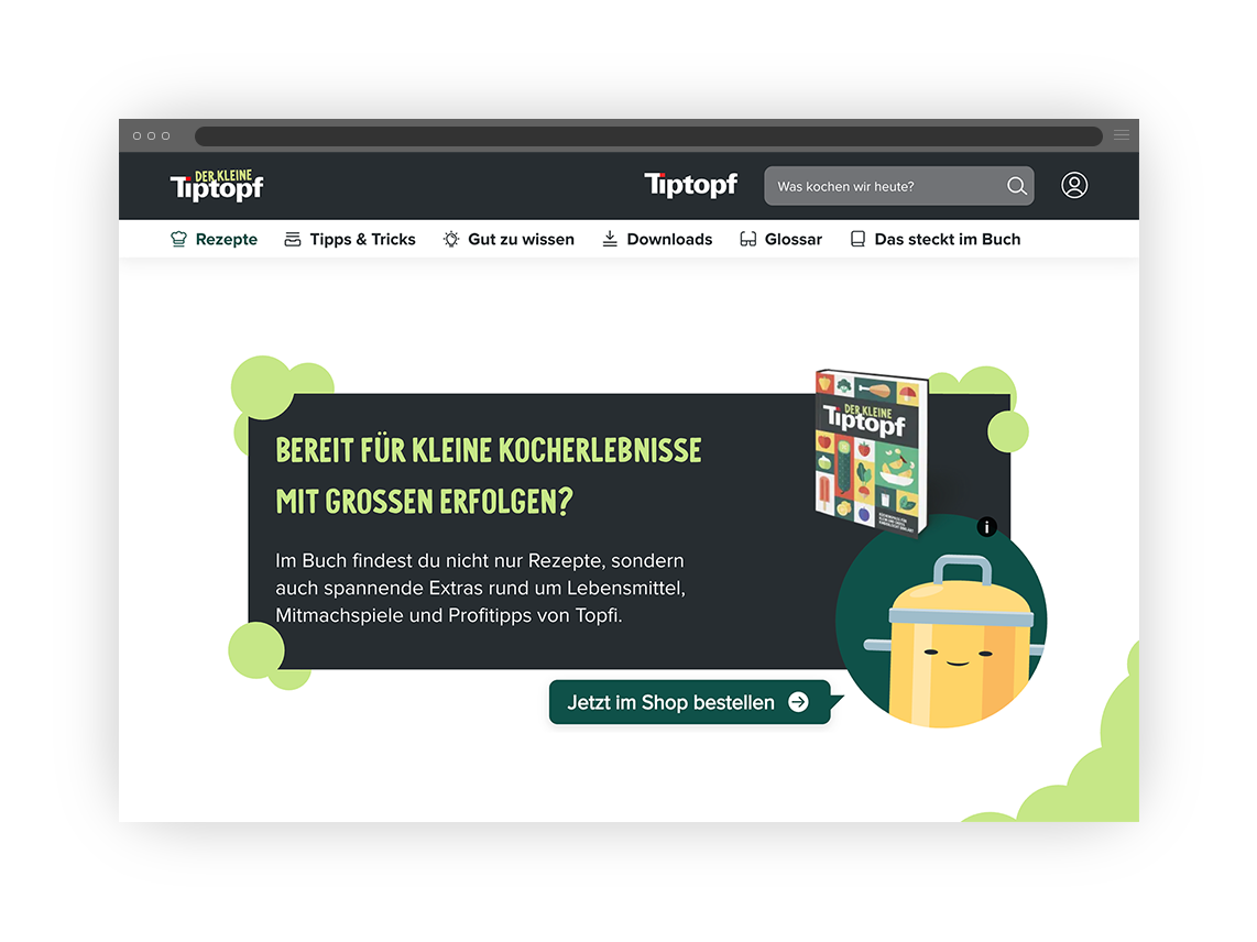 Webseite mit grünem Textkasten, der zum Bestellen eines Kochbuchs namens ‚Der kleine Tiptopf‘ einlädt, daneben eine Illustration eines Topfes mit Deckel.