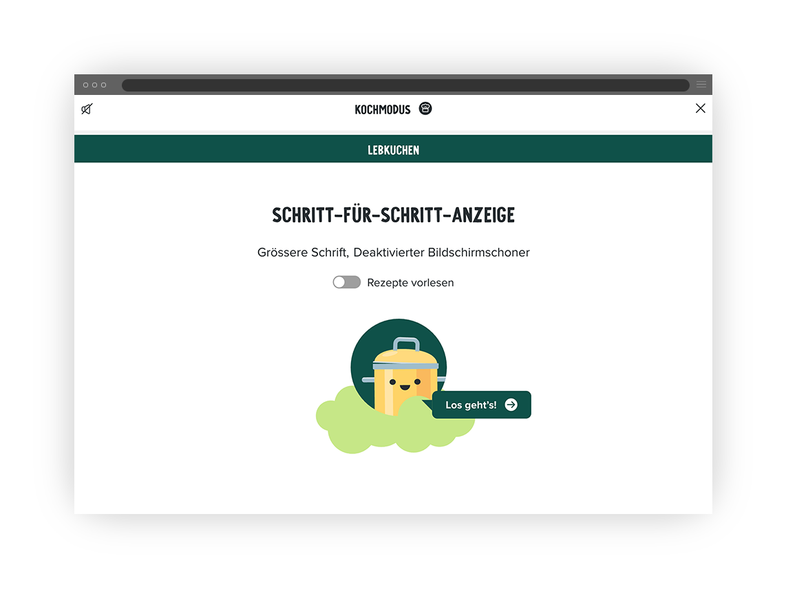 Benutzeroberfläche mit der Überschrift ‚Schritt-für-Schritt-Anzeige‘, darunter ein Schalter für ‚Rezepte vorlesen‘ und eine Illustration eines Topfes mit Sprechblase ‚Los geht’s!‘.