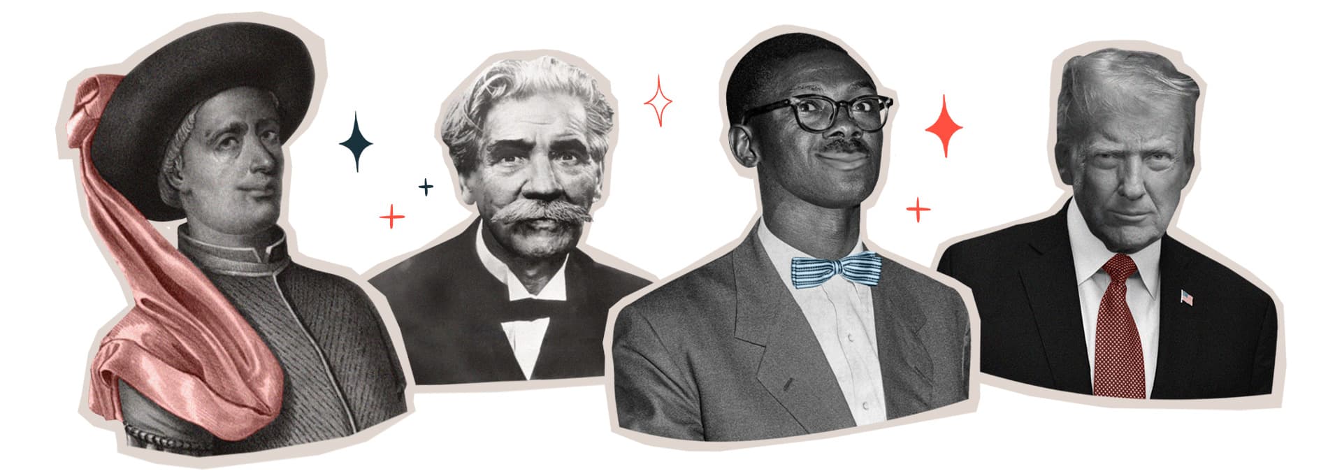 Collage aus Porträtfotos von Heinrich dem Seefahrer, Albert Schweitzer, Patrice Lumumba und Donald Trump (v. l. n. r.) – für den aspekte-Beitrag über Entwicklungshilfe.